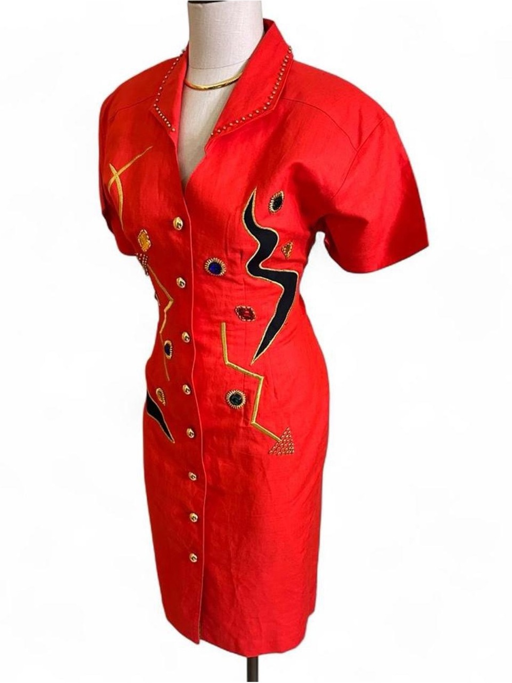 Vintage Adriana Papell 80s Red Embroidered Button-Front Midi Dress
